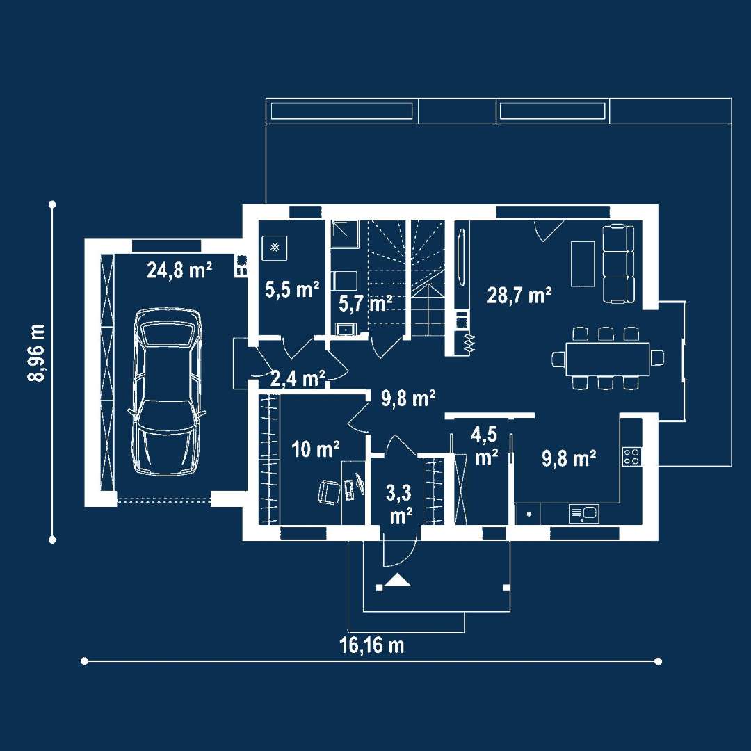 Plan parter Casă cu mansardă 148 mp utili, un dormitor, 3 băi