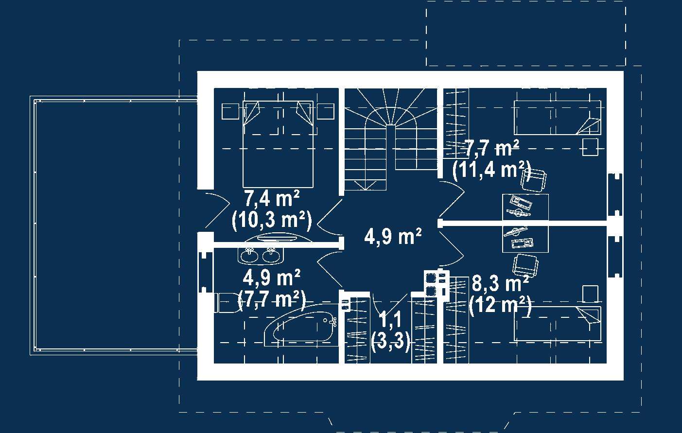 Plan mansardă Casă cu mansardă 87 mp utili, un dormitor, 2 băi