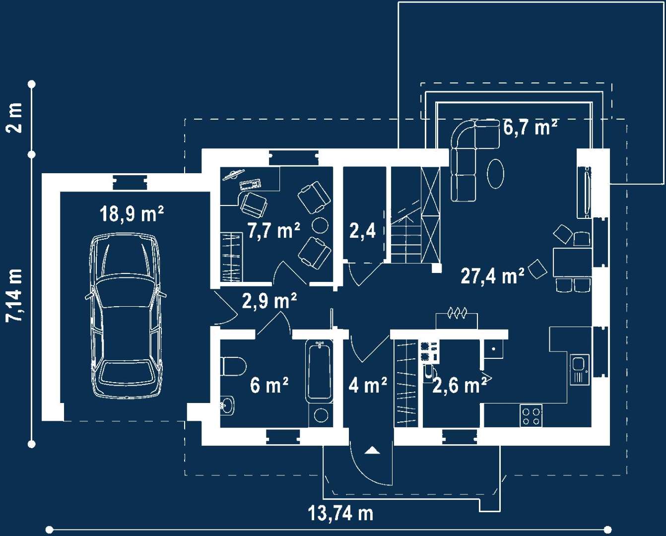 Plan parter Casă cu mansardă 87 mp utili, un dormitor, 2 băi