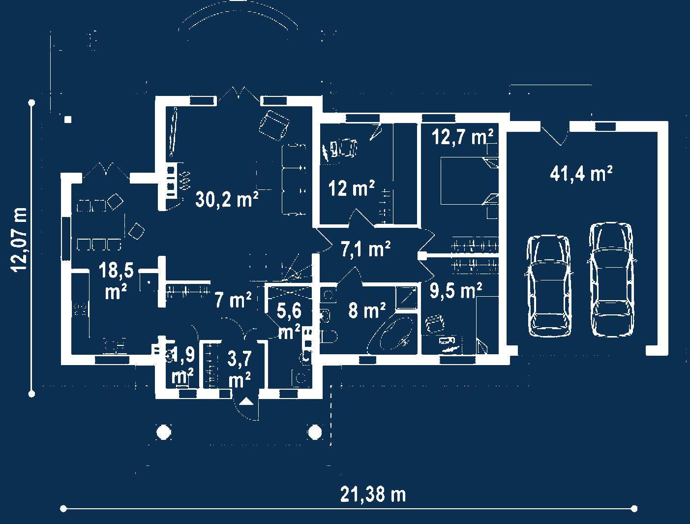 Plan parter Casă cu mansardă 168 mp utili, 3 dormitoare, o baie
