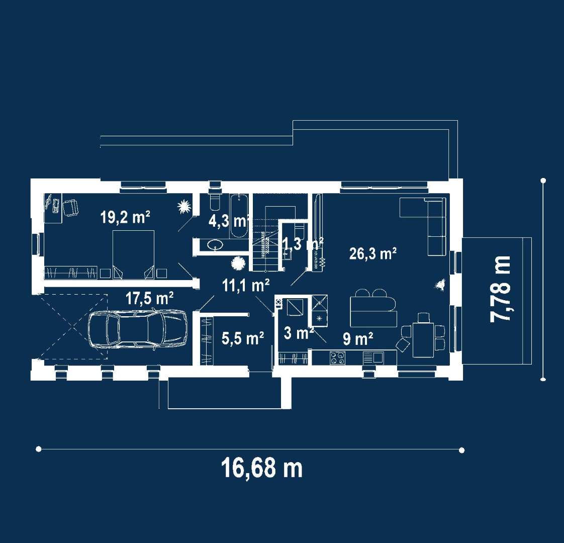 Plan parter Casă cu mansardă 114 mp utili, un dormitor, 2 băi