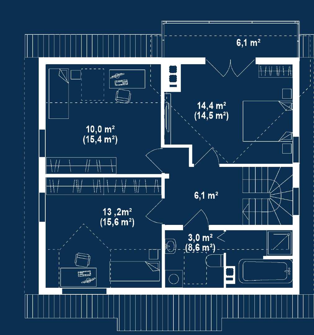 Plan mansardă Casă cu mansardă 105 mp utili, un dormitor, o baie
