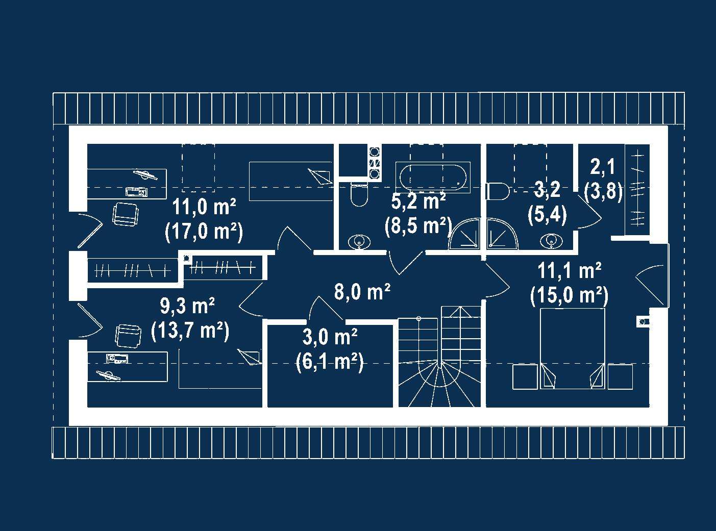 Plan mansardă Casă cu mansardă 110 mp utili, un dormitor, 2 băi