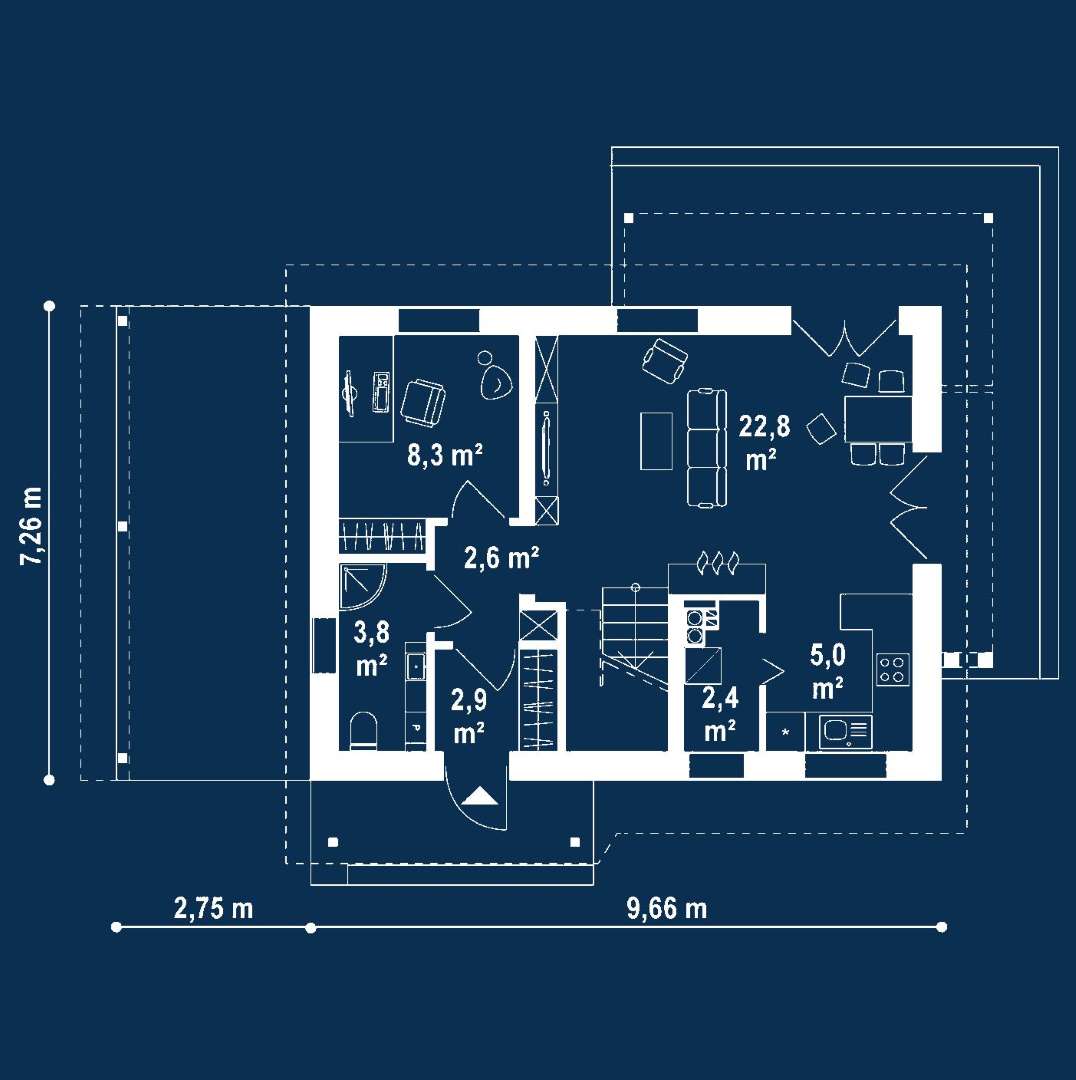 Plan parter Casă cu mansardă 78 mp utili, un dormitor, 2 băi
