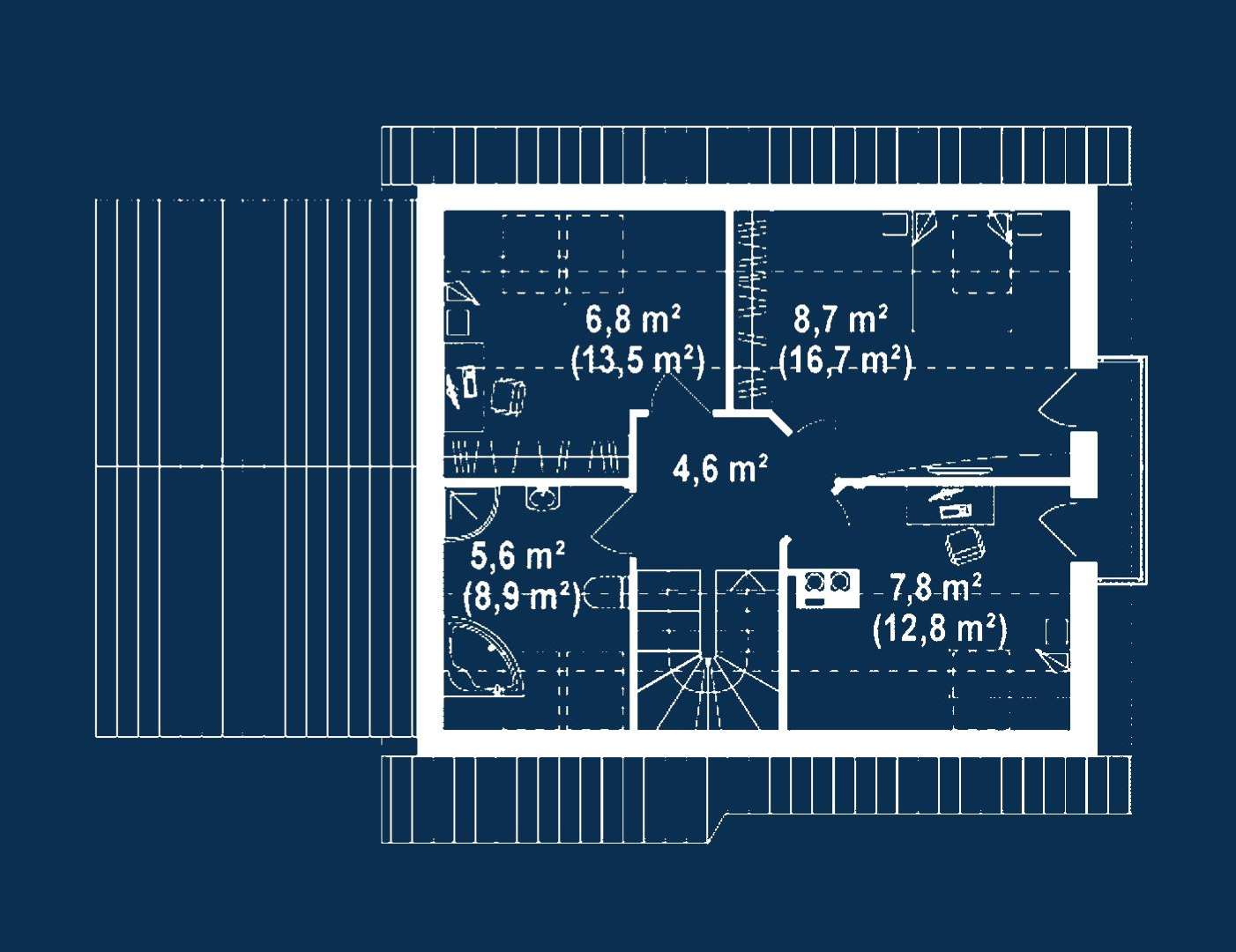 Plan mansardă Casă cu mansardă 95 mp utili, un dormitor, o baie