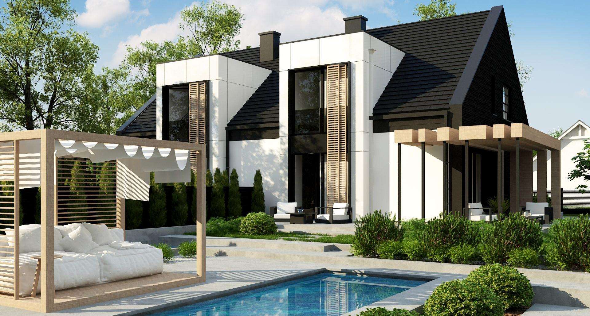 Fatada Casă cu mansardă 129 mp utili, un dormitor, 3 băi