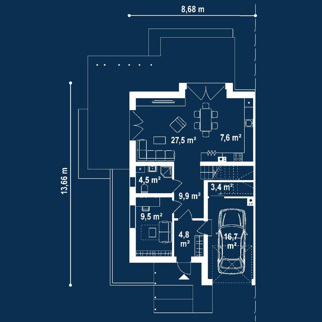 Plan parter Casă cu mansardă 129 mp utili, un dormitor, 3 băi