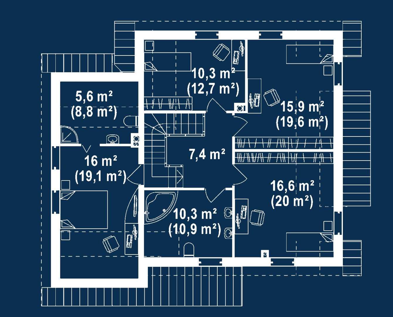 Plan mansardă Casă cu mansardă 155 mp utili, un dormitor, 3 băi