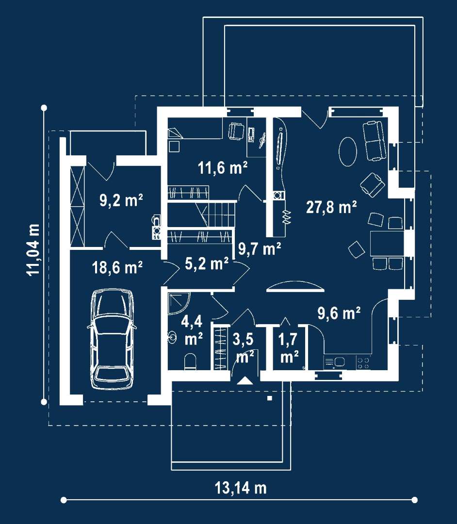 Plan parter Casă cu mansardă 155 mp utili, un dormitor, 3 băi
