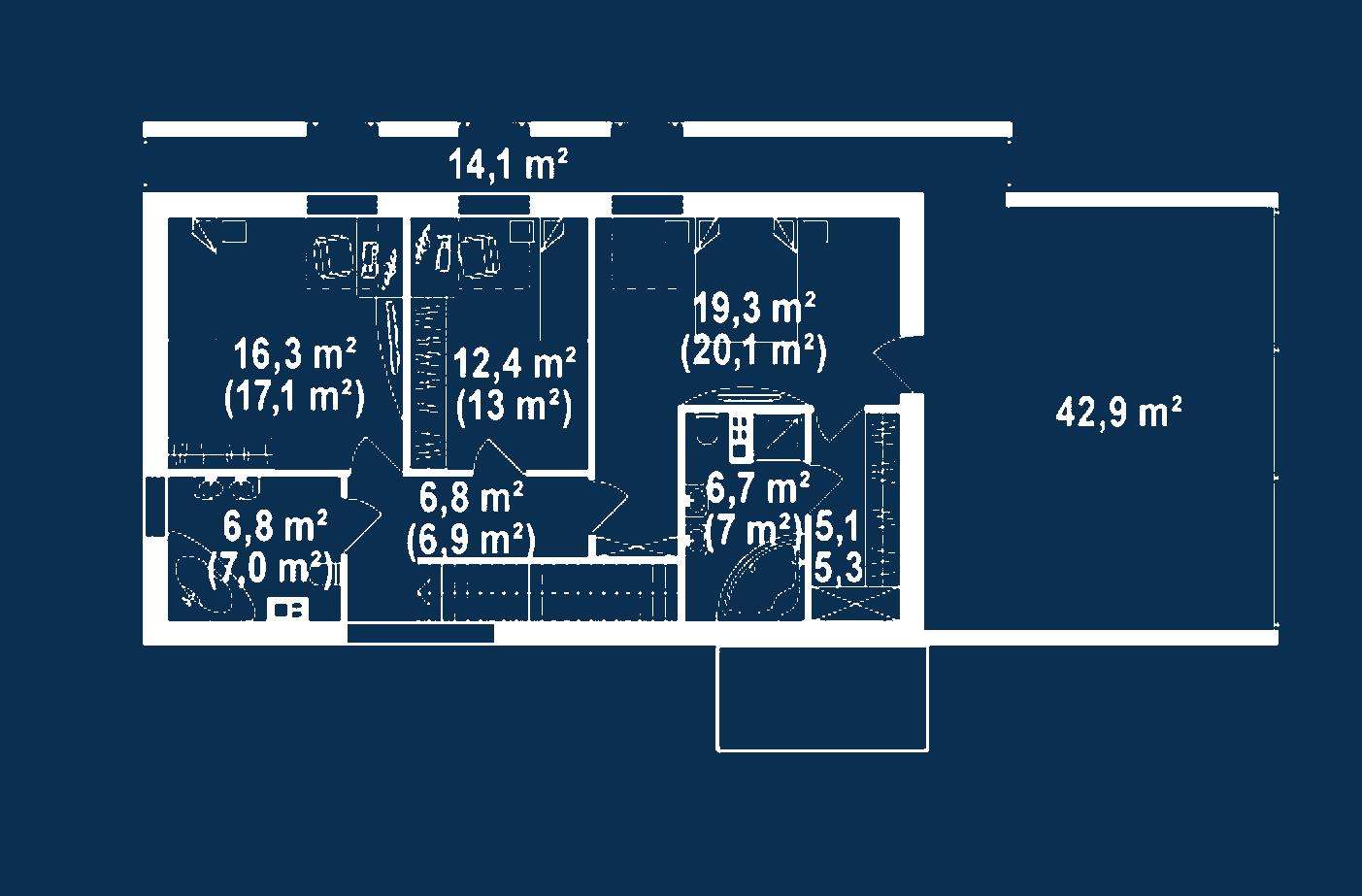 Plan mansardă Casă cu mansardă 155 mp utili, un dormitor, 2 băi