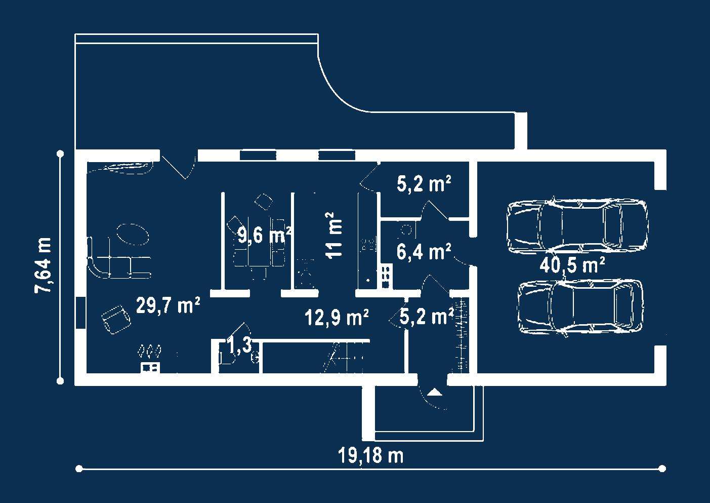 Plan parter Casă cu mansardă 155 mp utili, un dormitor, 2 băi