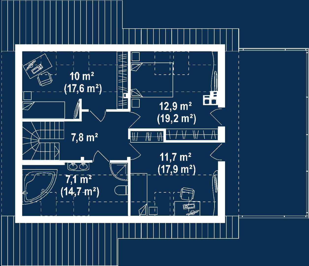 Plan mansardă Casă cu mansardă 138 mp utili, un dormitor, 2 băi