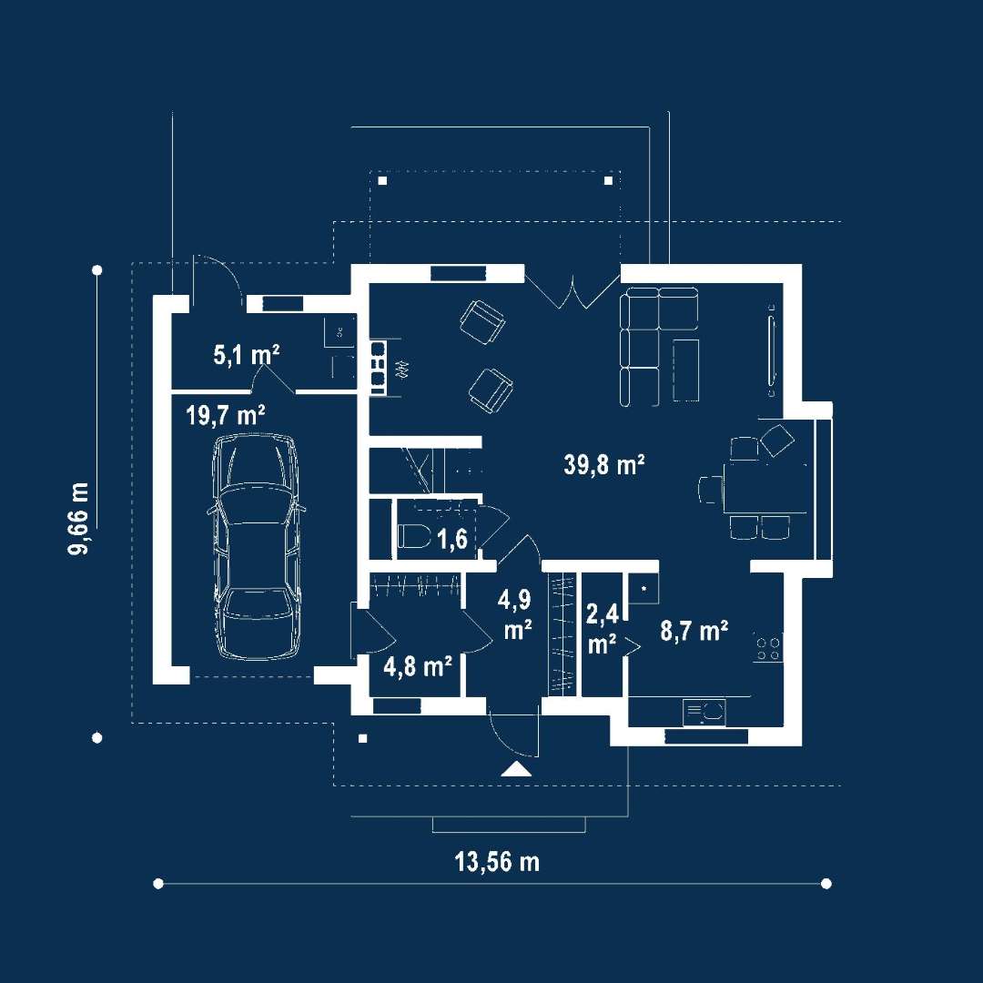 Plan parter Casă cu mansardă 103 mp utili, un dormitor, o baie