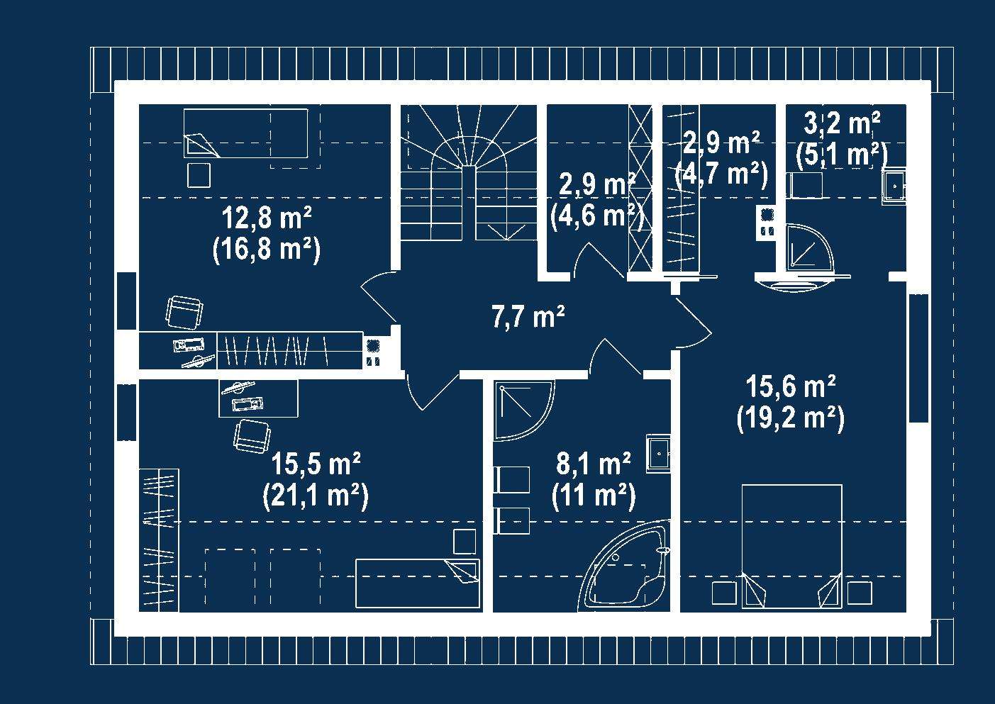 Plan mansardă Casă cu mansardă 124 mp utili, un dormitor, 3 băi