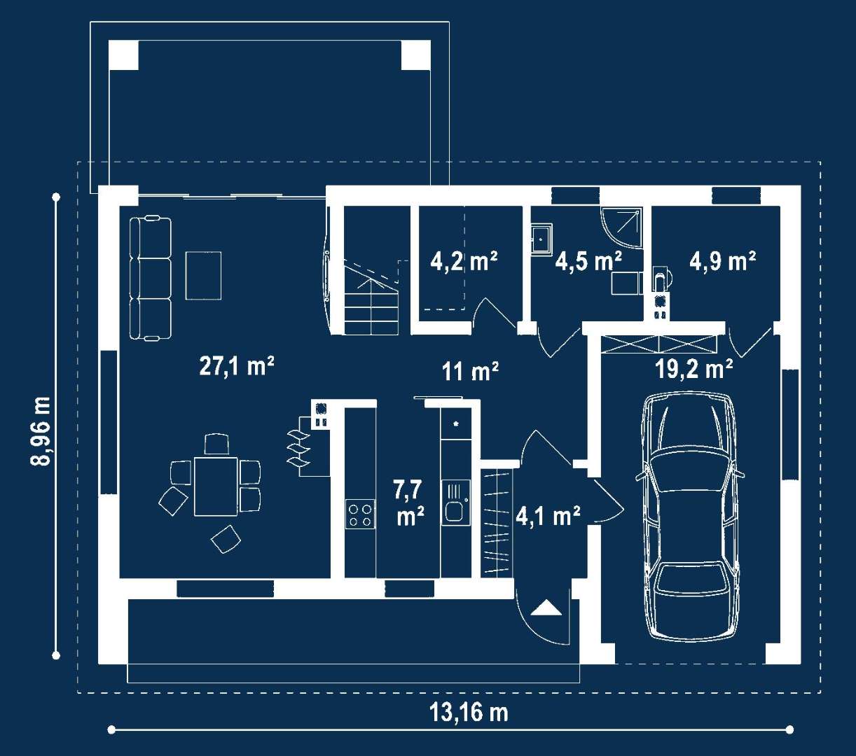 Plan parter Casă cu mansardă 124 mp utili, un dormitor, 3 băi