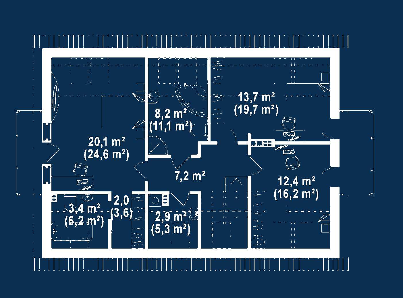 Plan mansardă Casă cu mansardă 144 mp utili, un dormitor, 4 băi