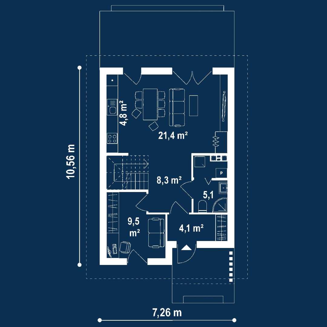 Plan parter Casă cu mansardă 105 mp utili, un dormitor, 2 băi