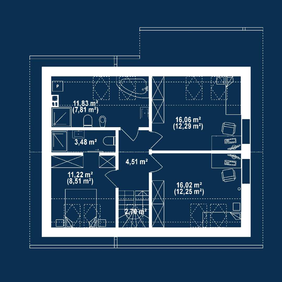 Plan mansardă Casă cu mansardă 90 mp utili, un dormitor, 2 băi