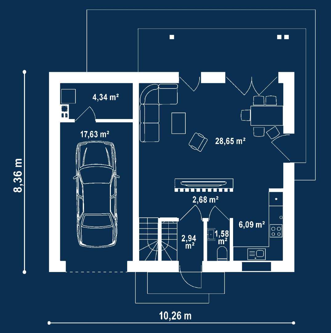 Plan parter Casă cu mansardă 90 mp utili, un dormitor, 2 băi