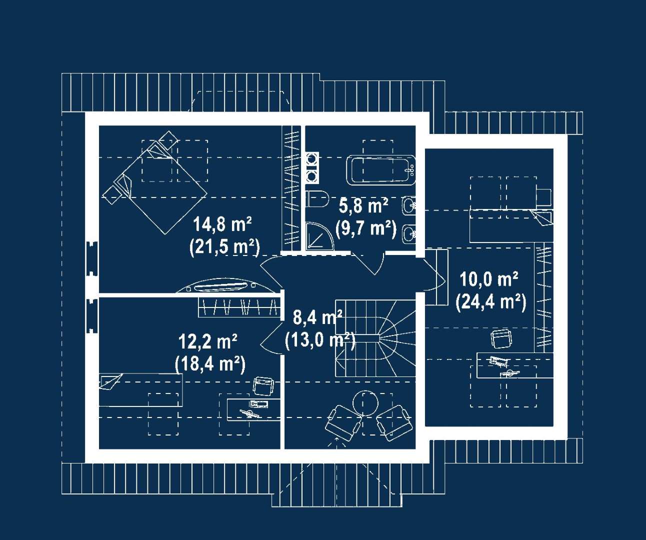 Plan mansardă Casă cu mansardă 111 mp utili, un dormitor, o baie