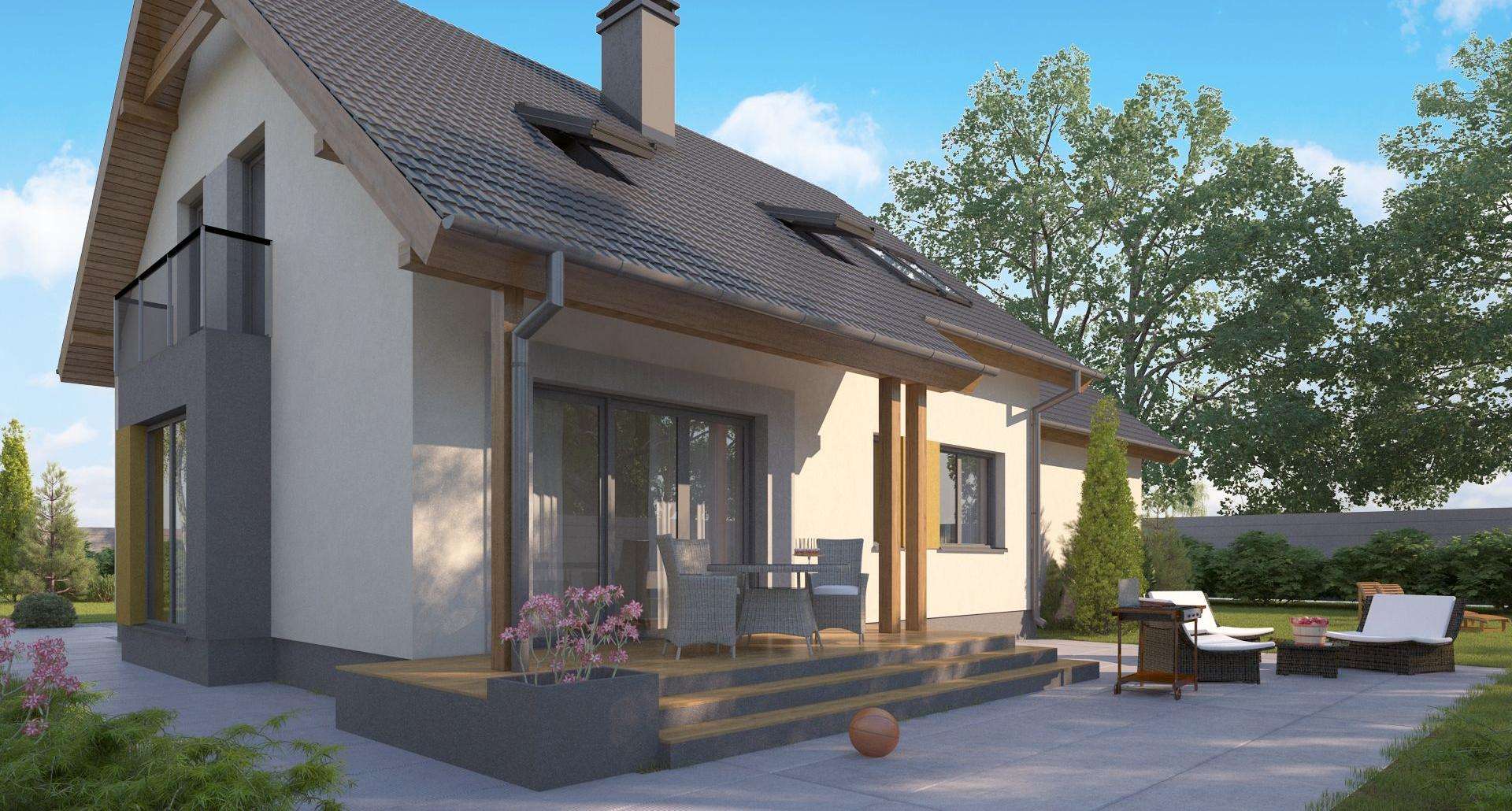 Fatada Casă cu mansardă 137 mp utili, un dormitor, 2 băi
