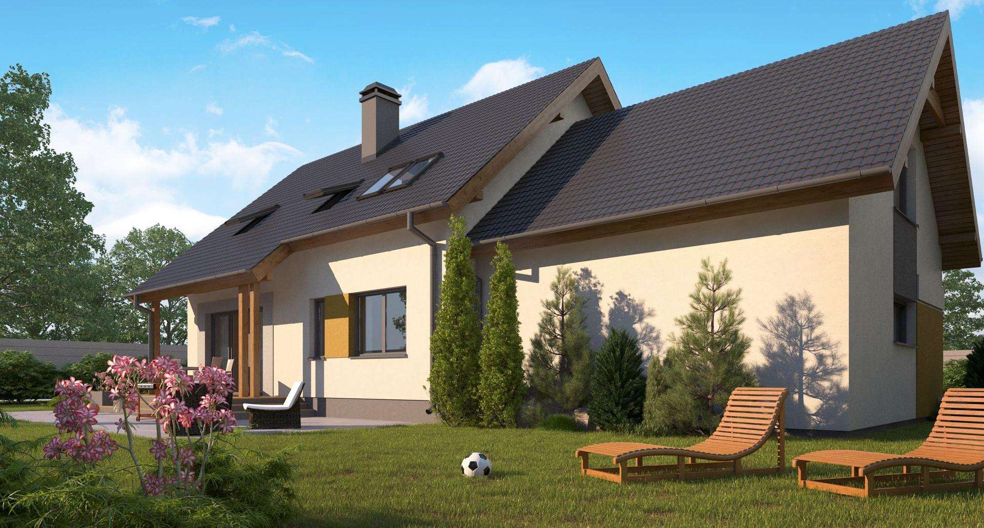 Fatada Casă cu mansardă 137 mp utili, un dormitor, 2 băi