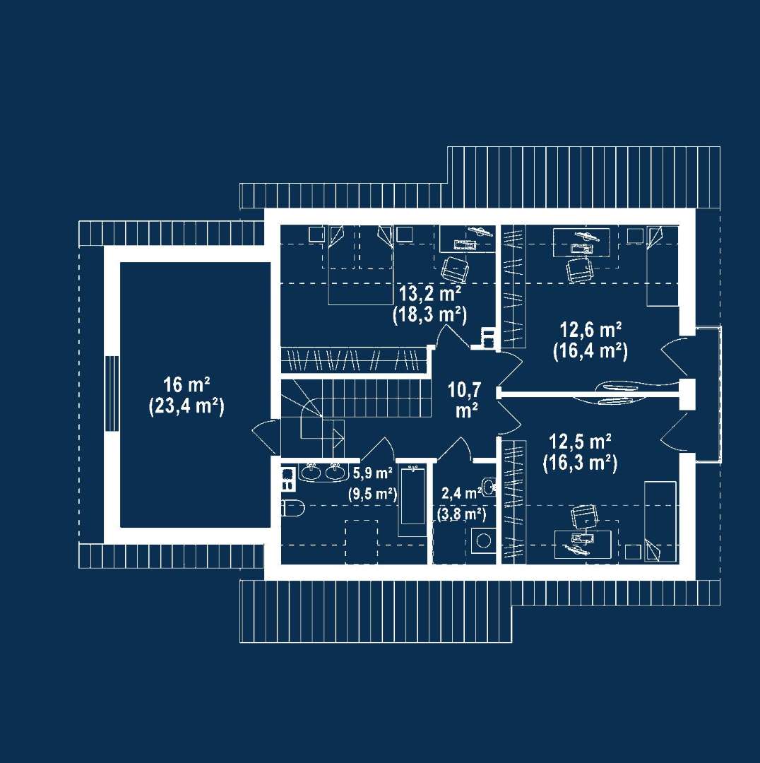 Plan mansardă Casă cu mansardă 137 mp utili, un dormitor, 2 băi