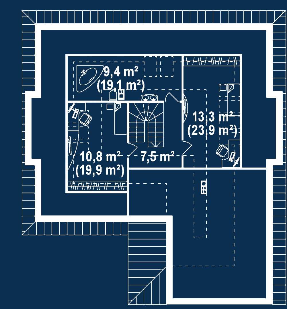 Plan mansardă Casă cu mansardă 194 mp utili, 3 dormitoare, 2 băi