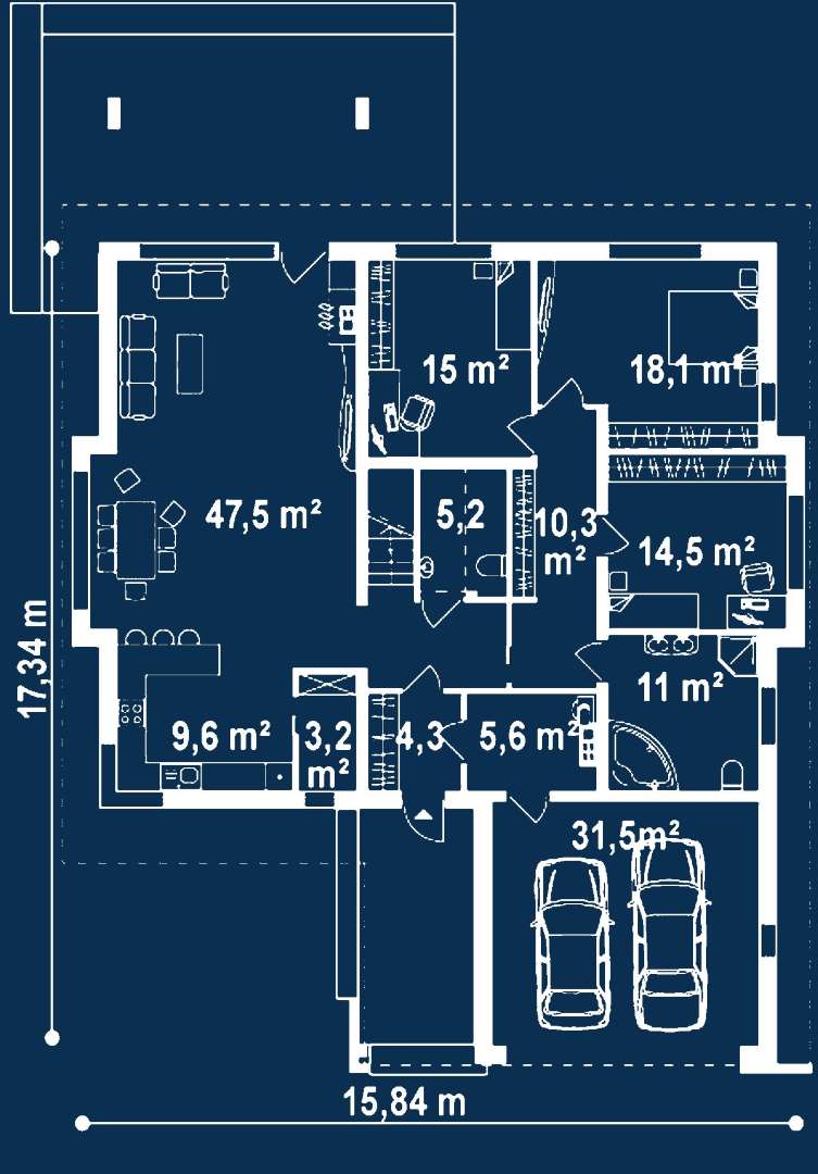 Plan parter Casă cu mansardă 194 mp utili, 3 dormitoare, 2 băi