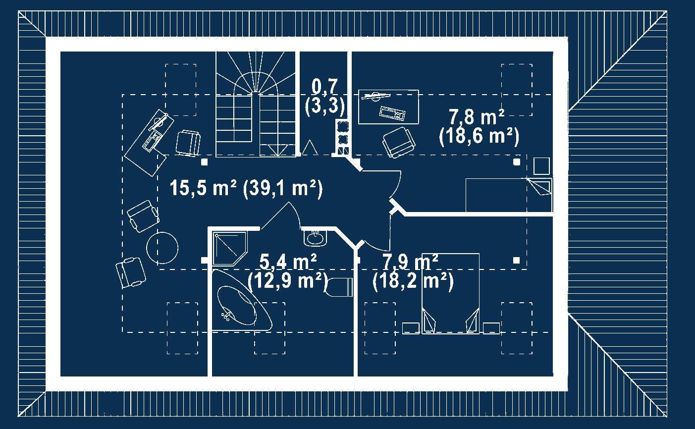 Plan mansardă Casă cu mansardă 130 mp utili, 2 dormitoare, 2 băi