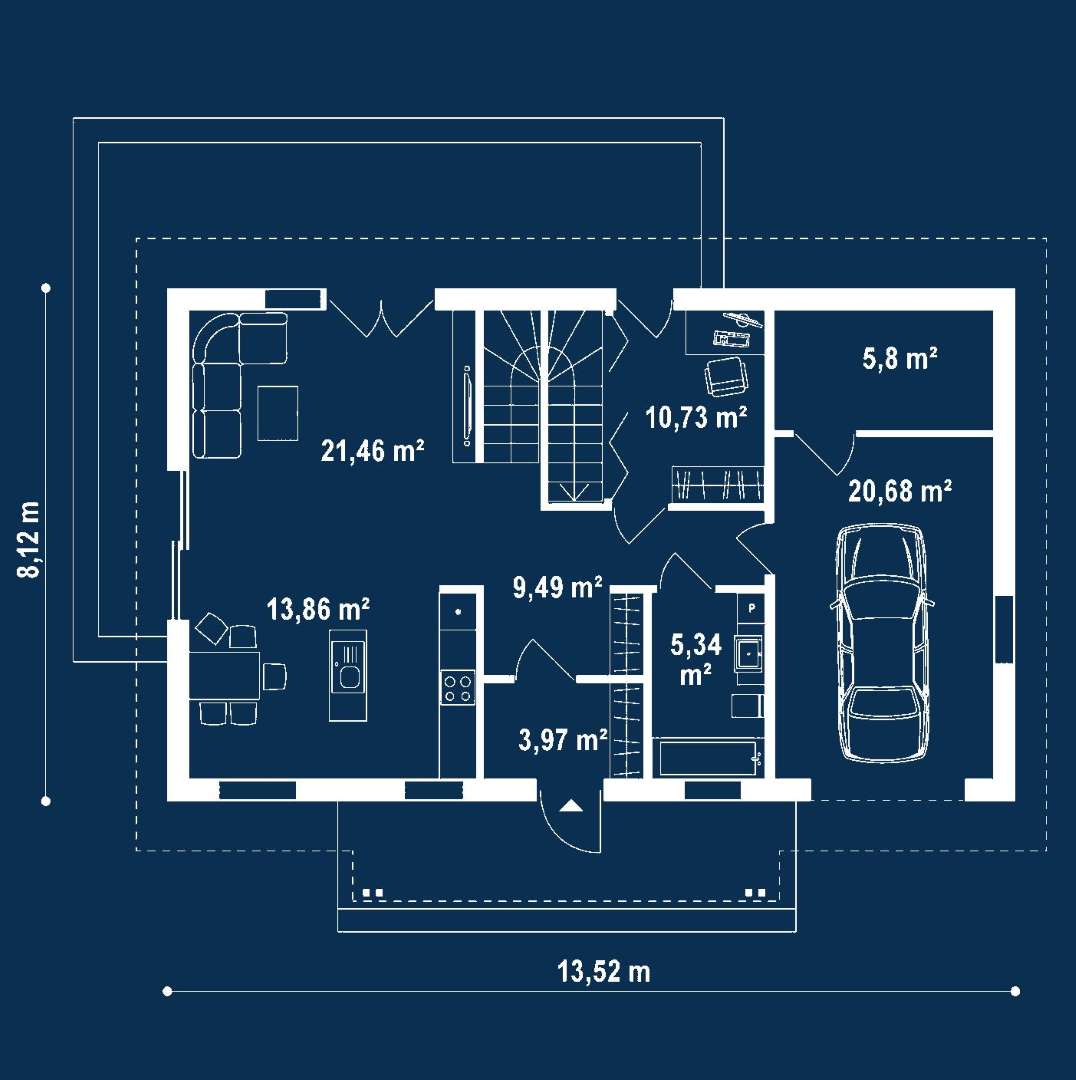 Plan parter Casă cu mansardă 127 mp utili, un dormitor, 3 băi