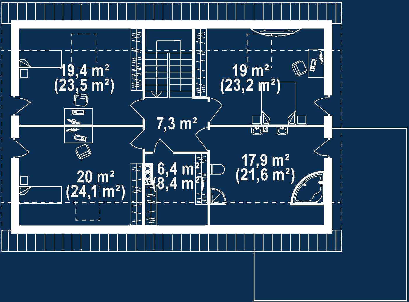 Plan mansardă Casă cu mansardă 187 mp utili, un dormitor, 2 băi