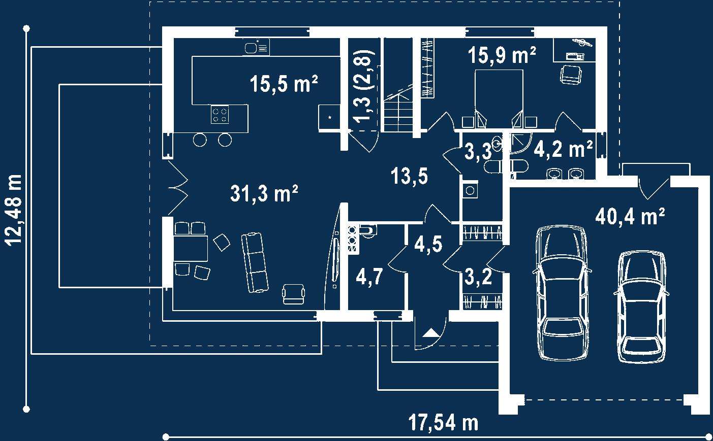 Plan parter Casă cu mansardă 187 mp utili, un dormitor, 2 băi