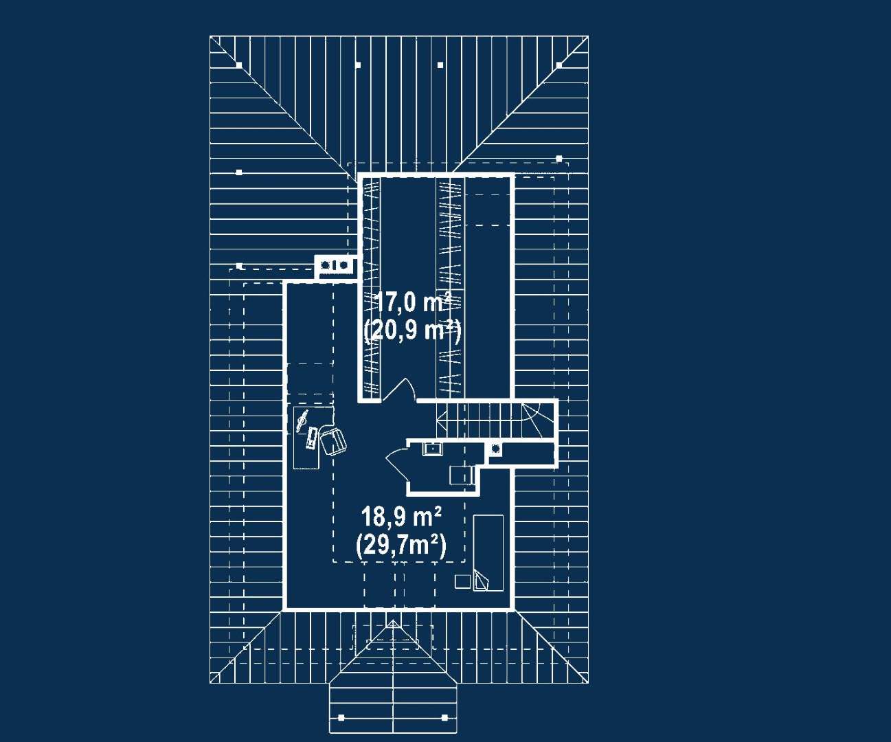 Plan mansardă Casă cu mansardă 117 mp utili, 3 dormitoare, o baie