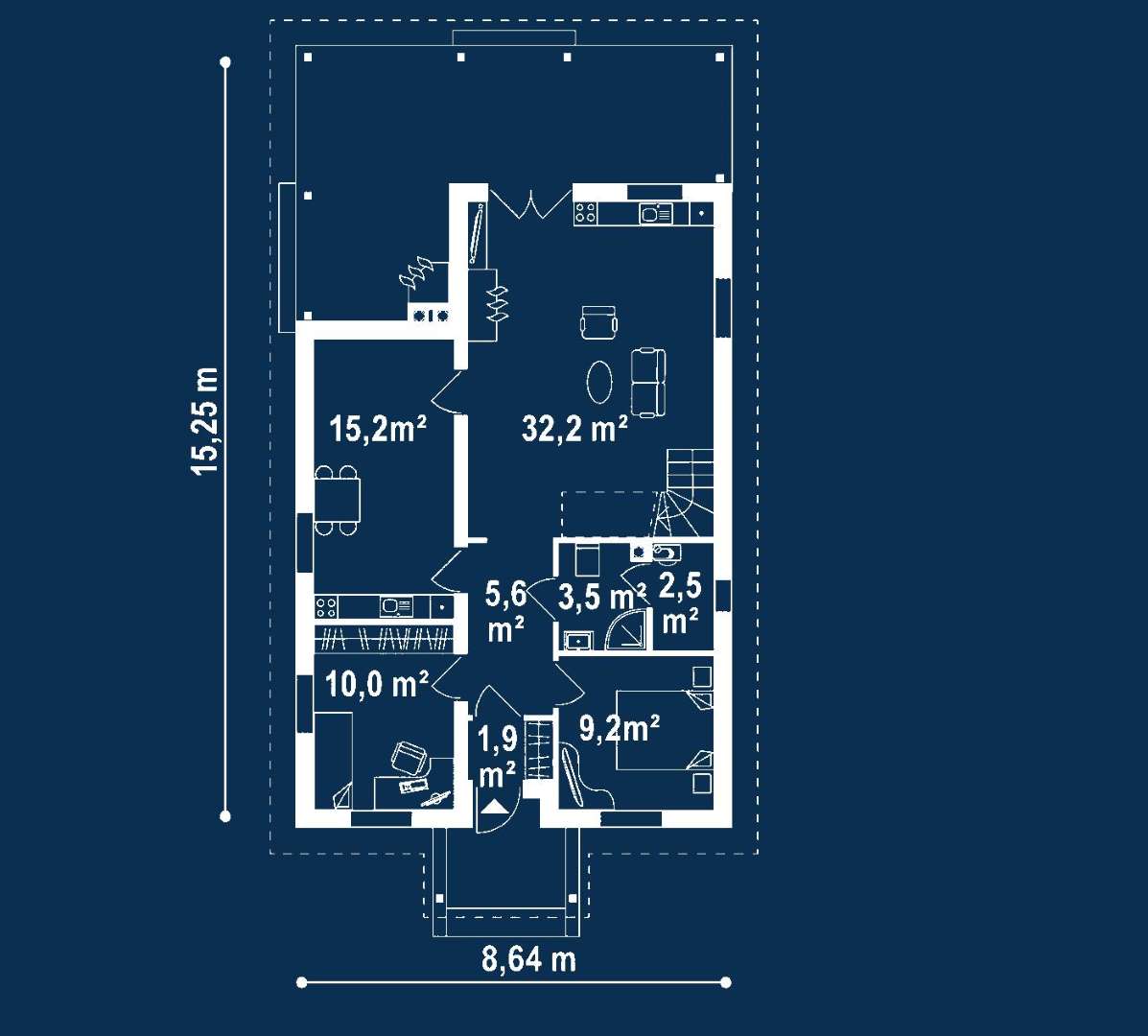 Plan parter Casă cu mansardă 117 mp utili, 3 dormitoare, o baie