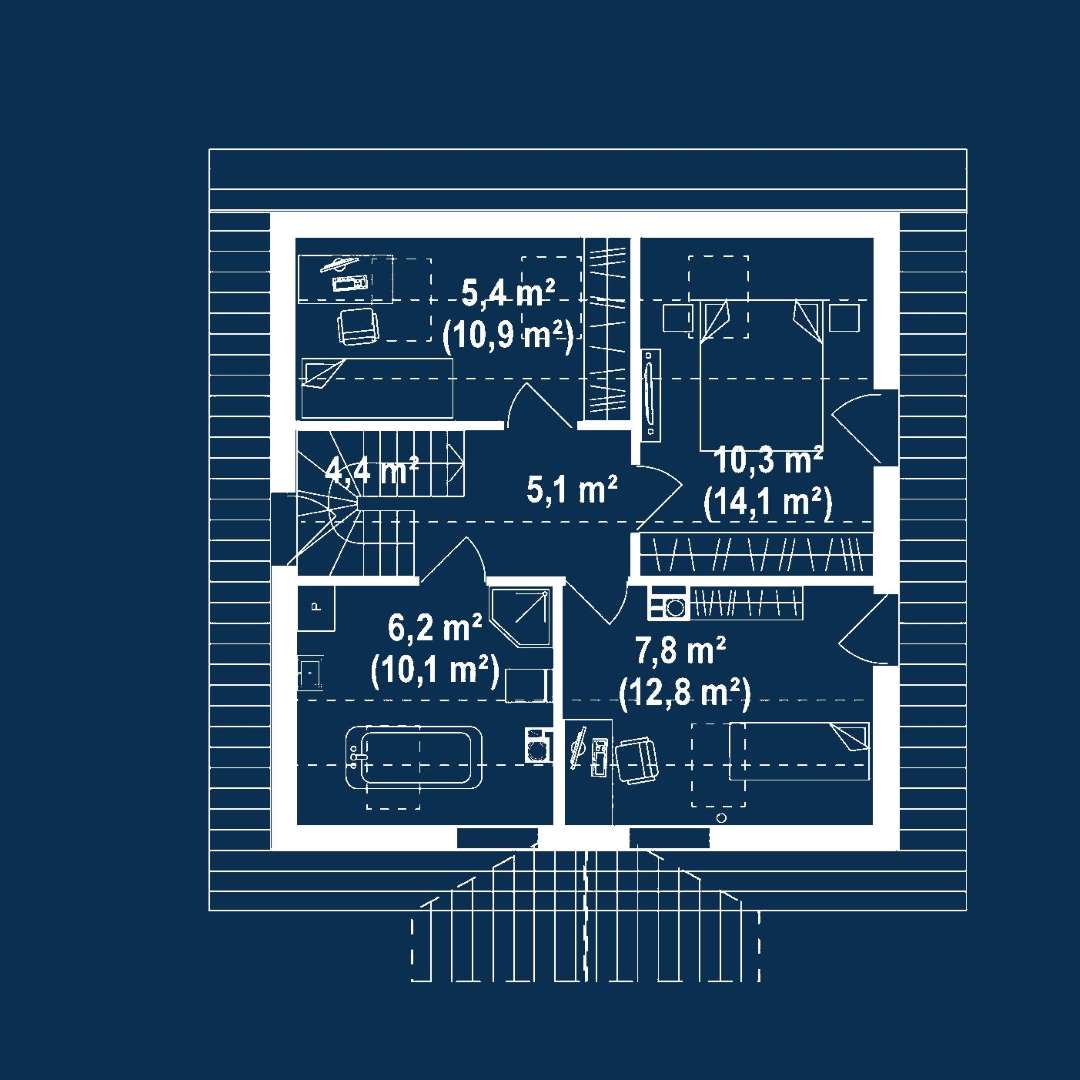 Plan mansardă Casă cu mansardă 86 mp utili, un dormitor, 2 băi