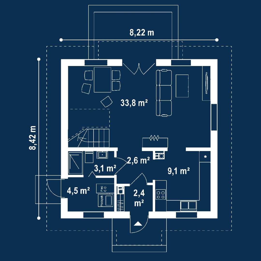 Plan parter Casă cu mansardă 86 mp utili, un dormitor, 2 băi