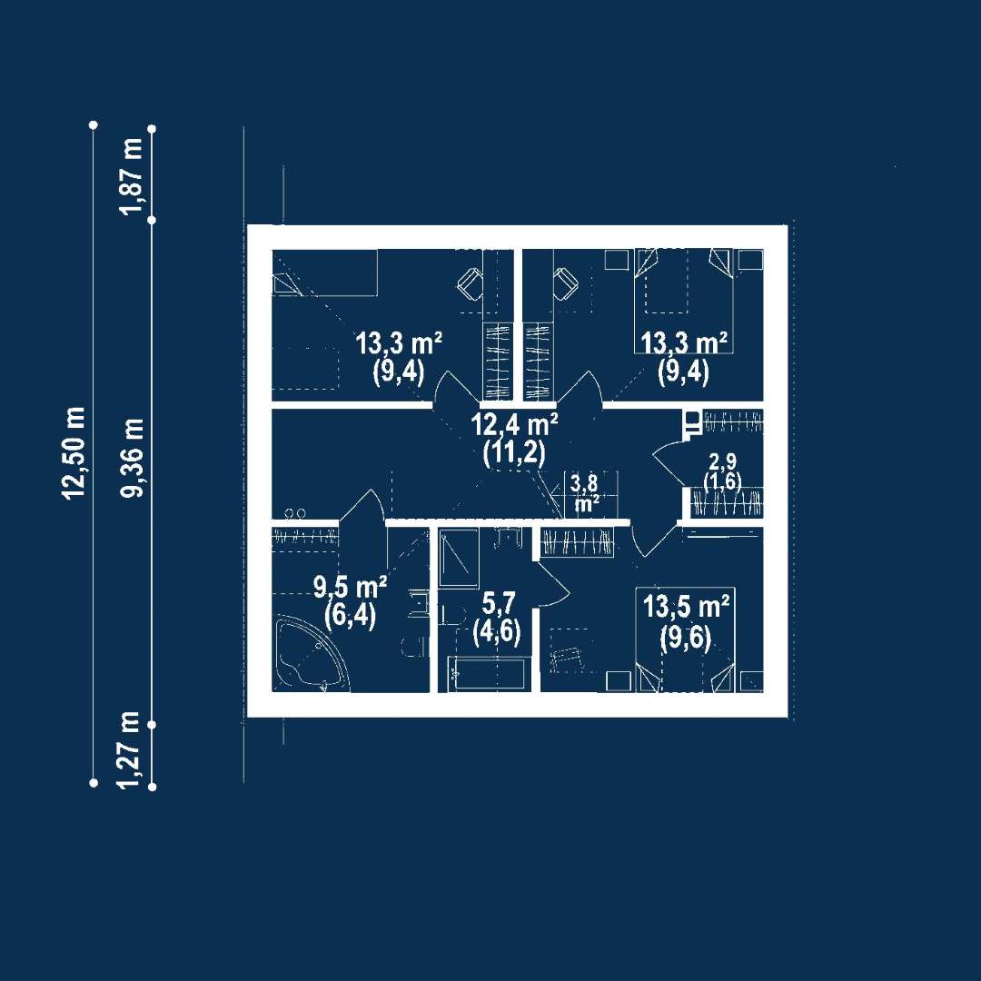 Plan mansardă Casă cu mansardă 129 mp utili, un dormitor, 2 băi
