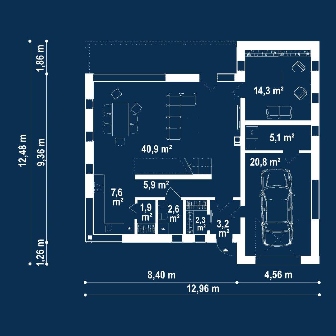 Plan parter Casă cu mansardă 129 mp utili, un dormitor, 2 băi