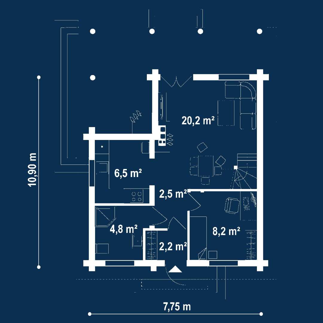 Plan parter Casă cu mansardă 85 mp utili, un dormitor, 2 băi