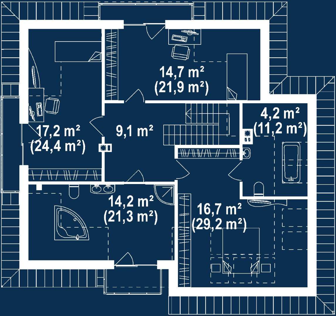 Plan mansardă Casă cu mansardă 158 mp utili, un dormitor, 3 băi