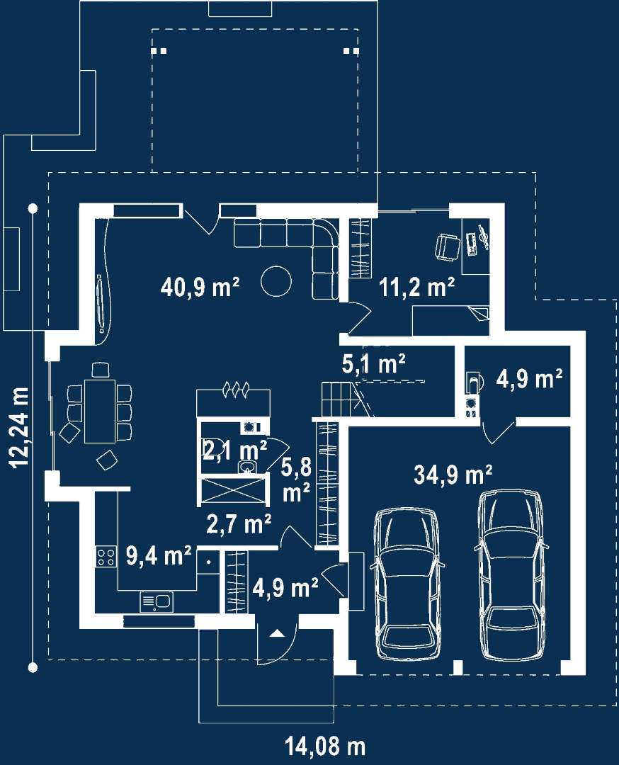 Plan parter Casă cu mansardă 158 mp utili, un dormitor, 3 băi