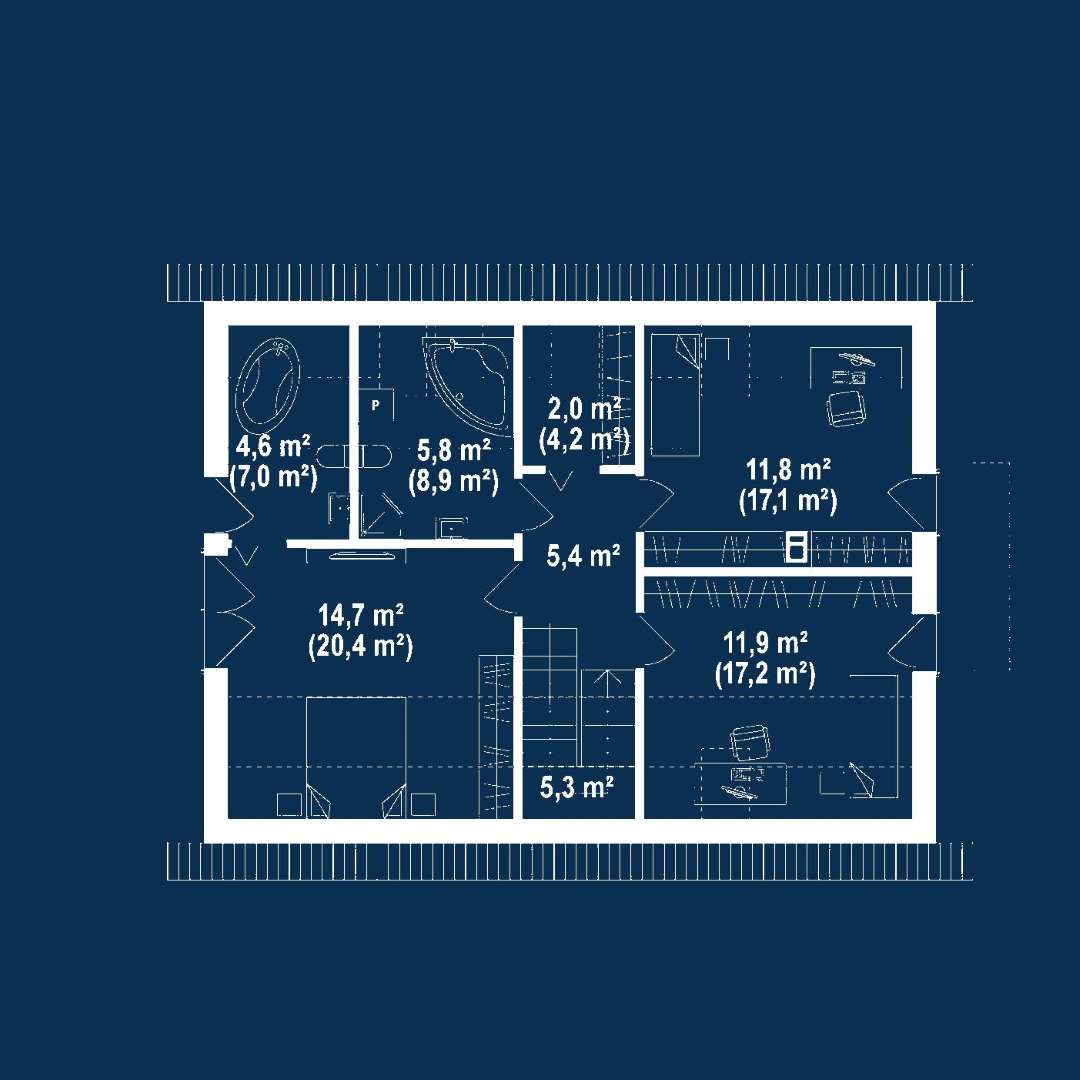 Plan mansardă Casă cu mansardă 119 mp utili, un dormitor, 3 băi