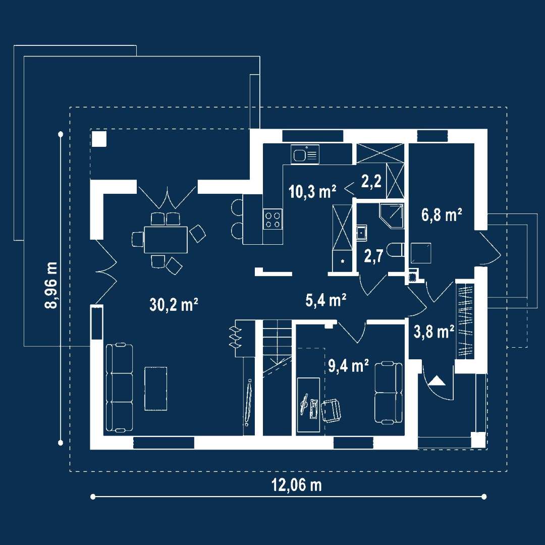 Plan parter Casă cu mansardă 119 mp utili, un dormitor, 3 băi