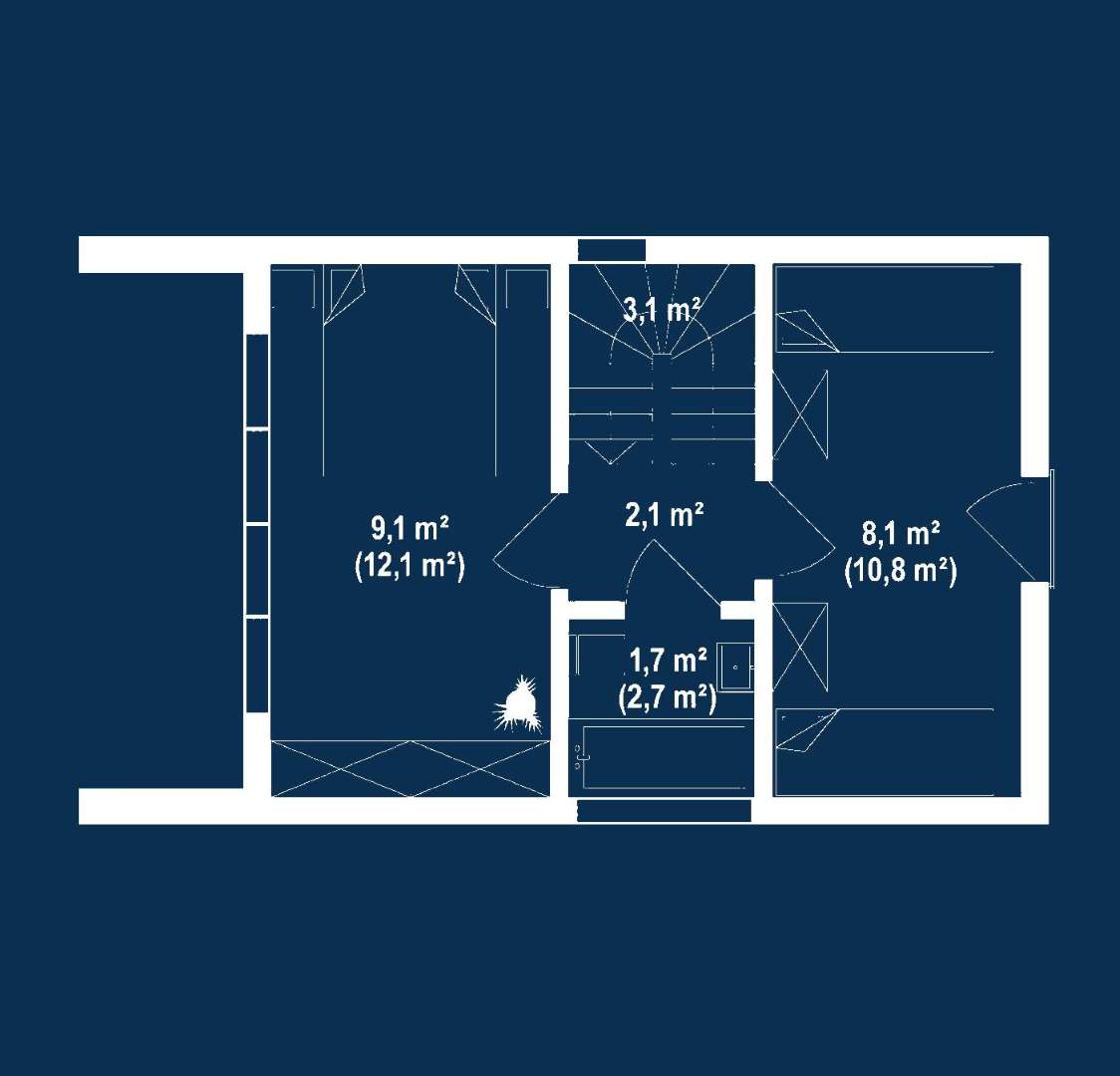 Plan mansardă Casă cu mansardă 51 mp utili, un dormitor, 2 băi