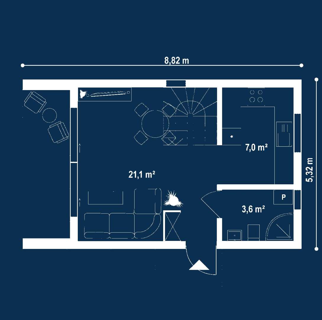 Plan parter Casă cu mansardă 51 mp utili, un dormitor, 2 băi