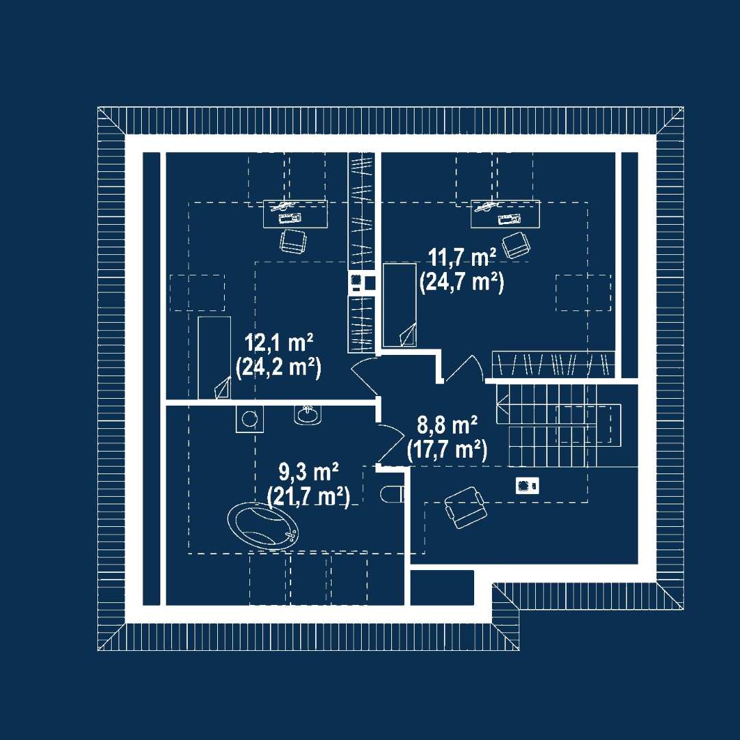 Plan mansardă Casă cu mansardă 134 mp utili, 2 dormitoare, 2 băi