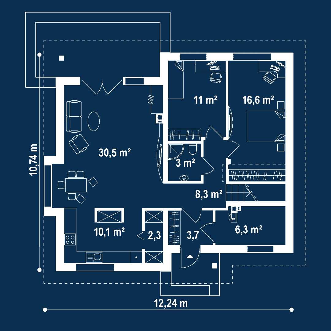 Plan parter Casă cu mansardă 134 mp utili, 2 dormitoare, 2 băi