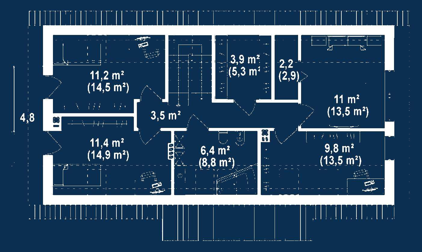 Plan mansardă Casă cu mansardă 121 mp utili, un dormitor, 2 băi