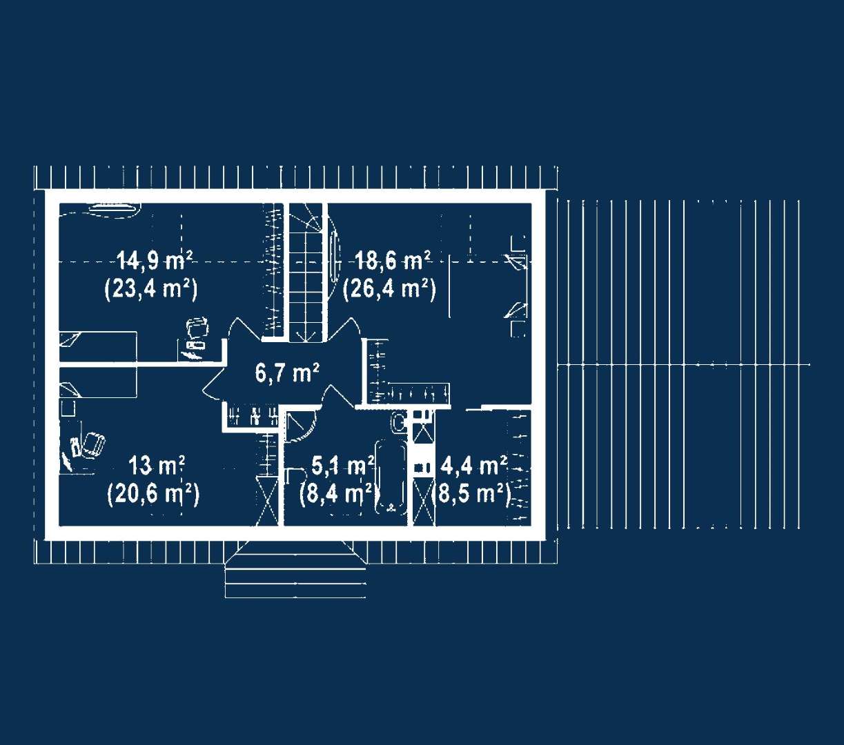 Plan mansardă Casă cu mansardă 161 mp utili, 3 dormitoare, 2 băi